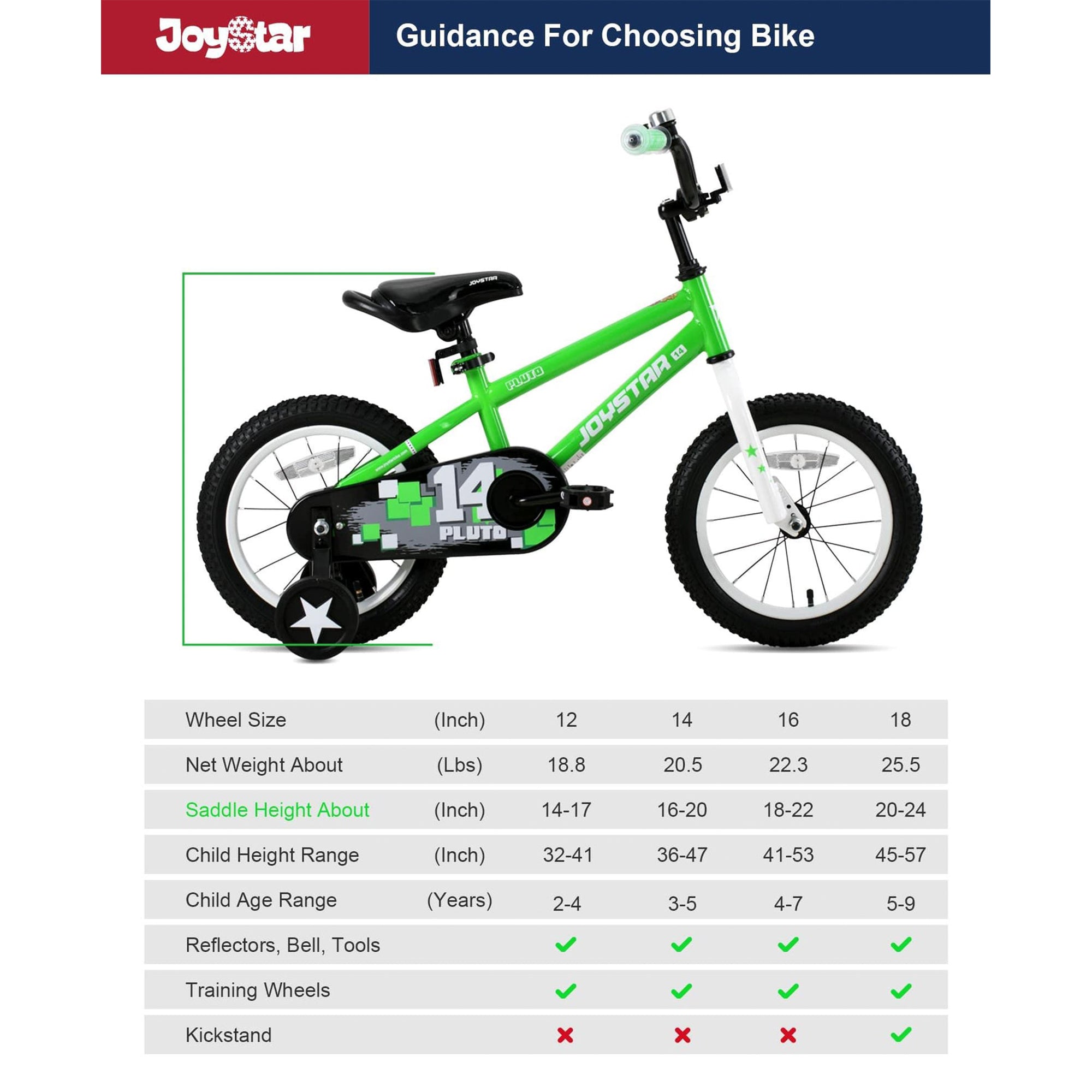 Joystar Pluto 16 Inch Ages 4 to 7 Kids Boys BMX Bike with Training Wheels, Green