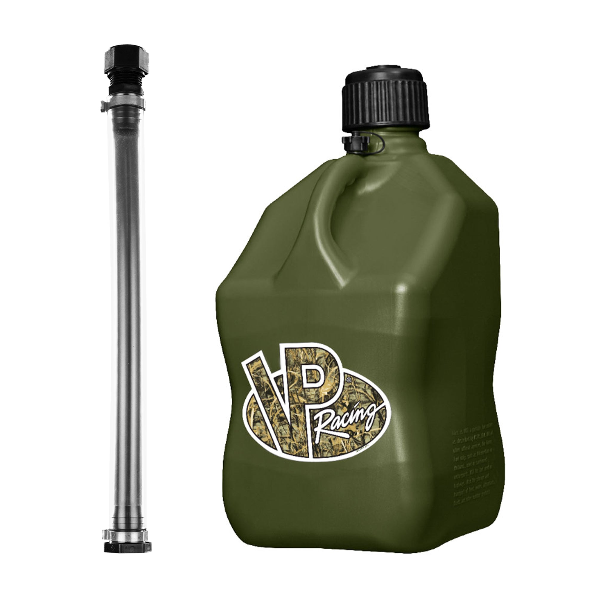 VP Racing Fuels 5 Gallon Utility Jug Can, Camo + 14In Motorsport Container Hose