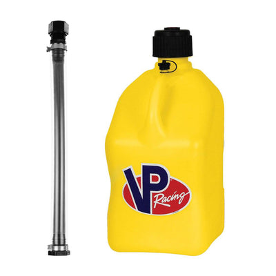 VP Racing Fuels 5 Gallon Yellow Utility Jug Can + 14In Motorsport Container Hose