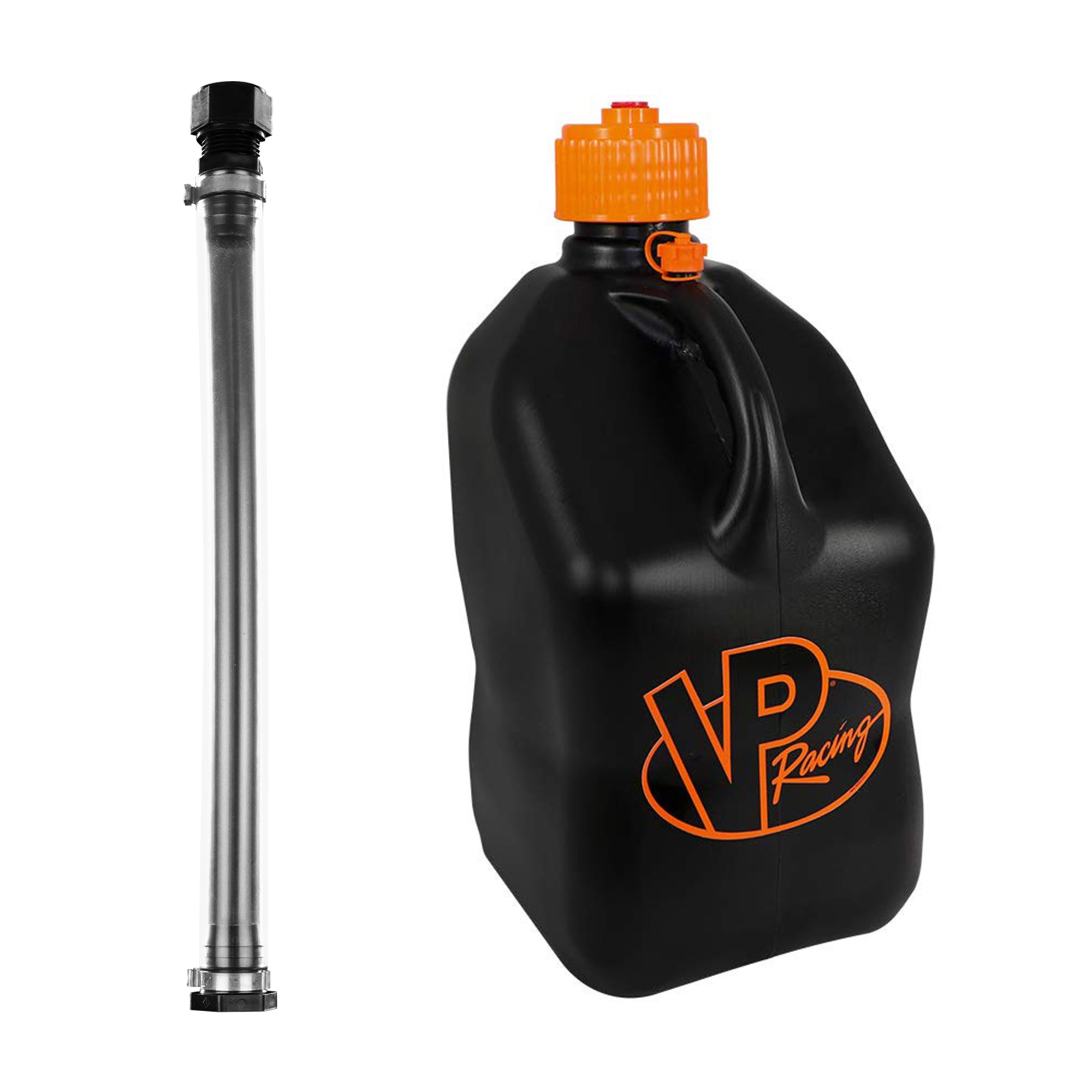 VP Racing Fuels 5 Gallon Utility Jug, Black/Orange + Motorsport Container Hose