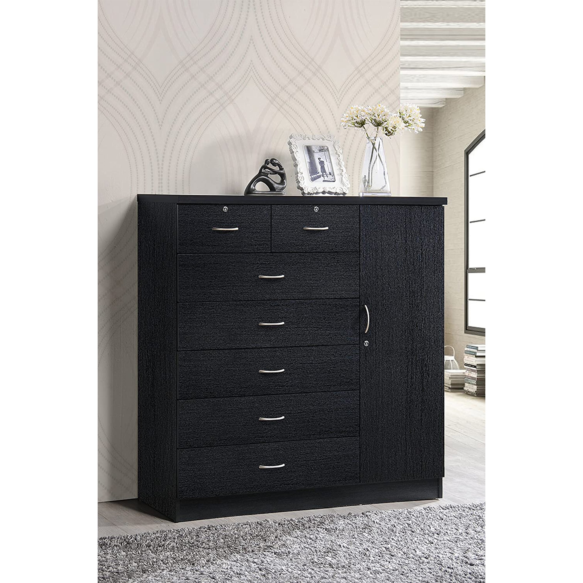 Hodedah Import Jumbo Chest of 7 Drawers with 2 Locks and Hanging Rod, Black