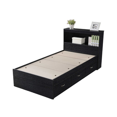 Hodedah Captain Bed with 3 Storage Drawers and Bookcase Headboard, Twin, Black