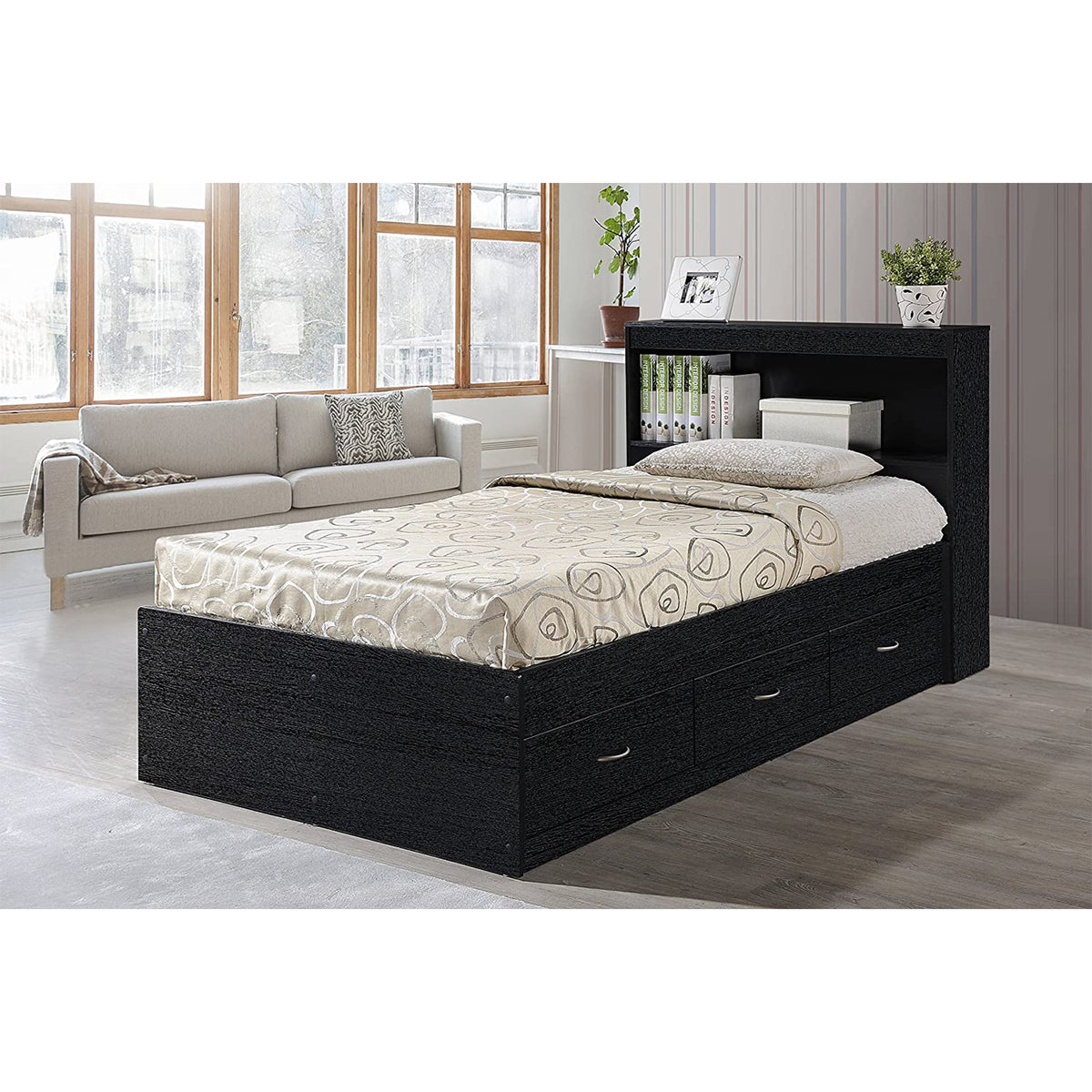 Hodedah Captain Bed with 3 Storage Drawers and Bookcase Headboard, Twin, Black
