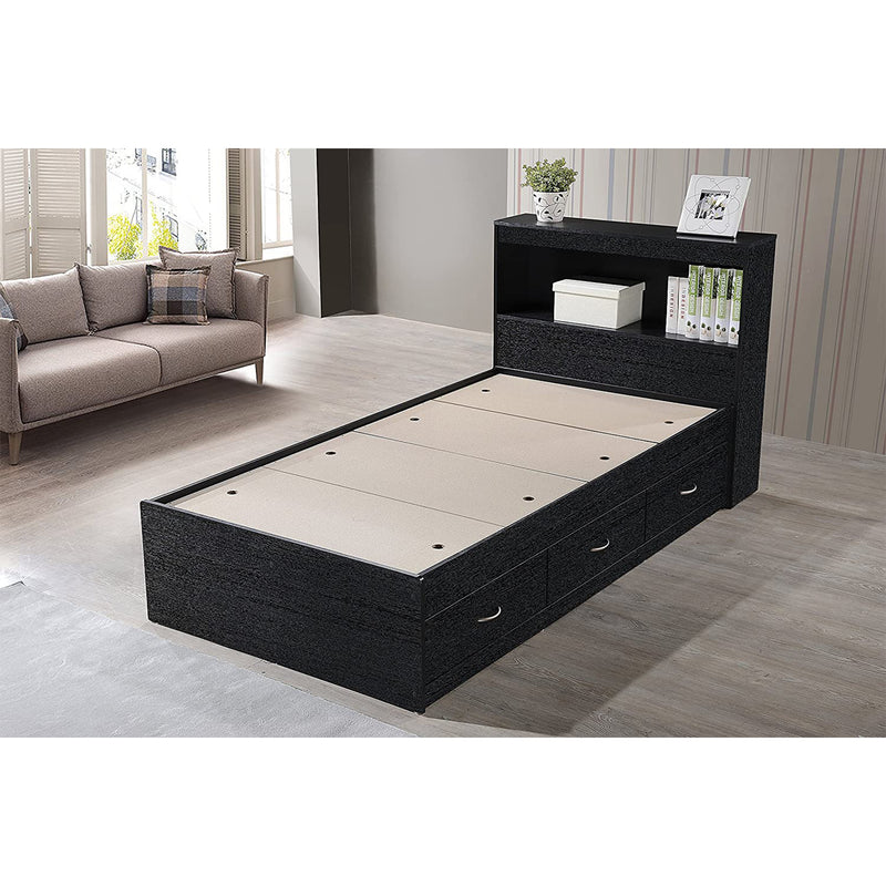 Hodedah Import Captain Bed with 3 Storage Drawers and Headboard, Twin, Black