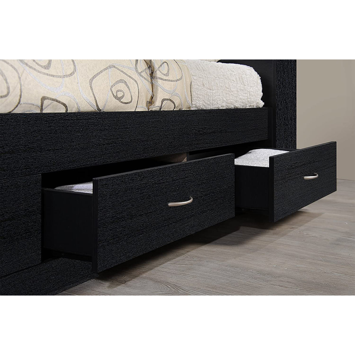 Hodedah Captain Bed with 3 Storage Drawers and Bookcase Headboard, Twin, Black