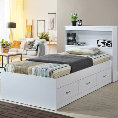 Hodedah Captain Bed with 3 Storage Drawers and Bookcase Headboard, Twin, White