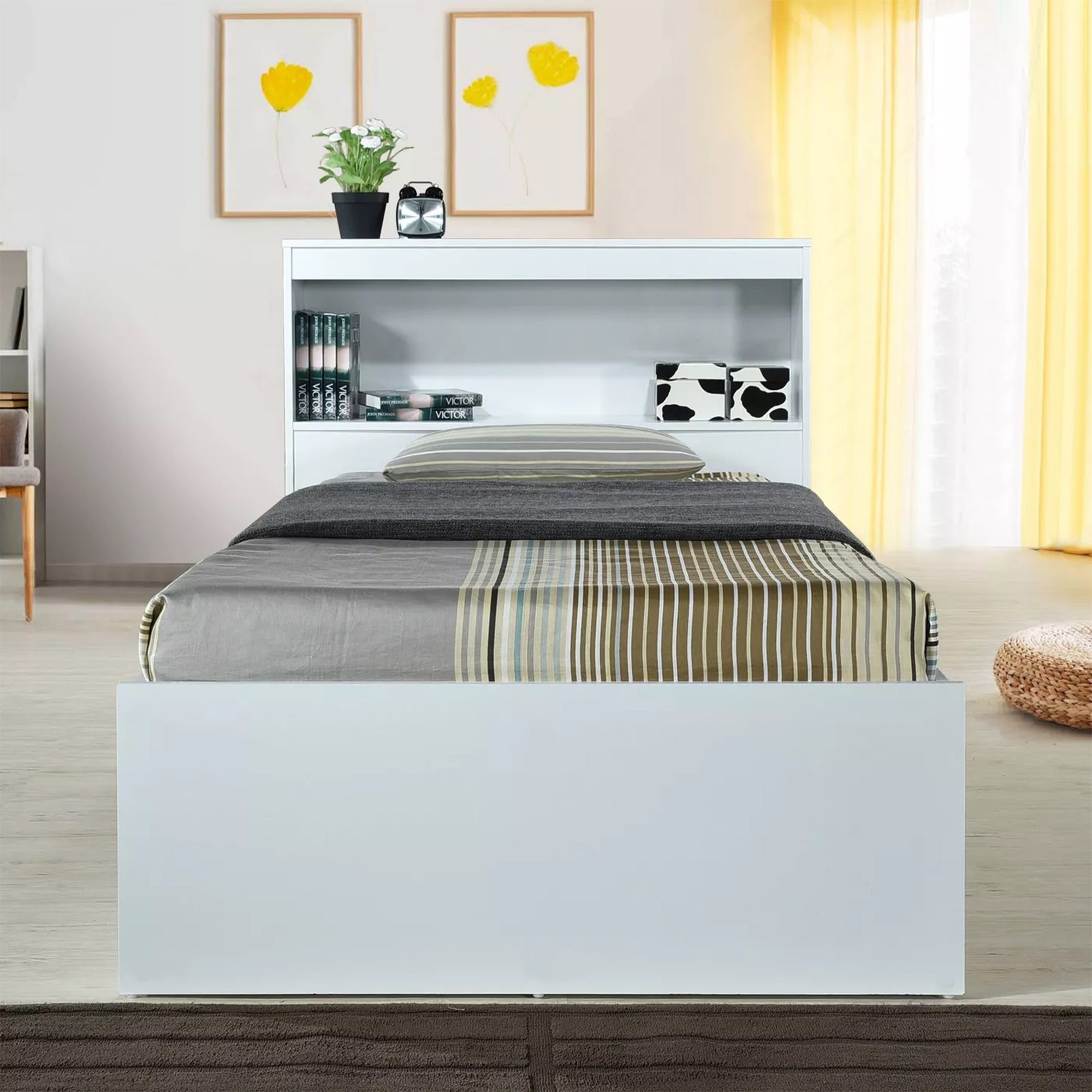Hodedah Captain Bed with 3 Storage Drawers and Bookcase Headboard, Twin, White