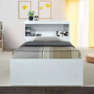 Hodedah Captain Bed with 3 Storage Drawers and Bookcase Headboard, Twin, White