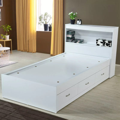 Hodedah Captain Bed with 3 Storage Drawers and Bookcase Headboard, Twin, White