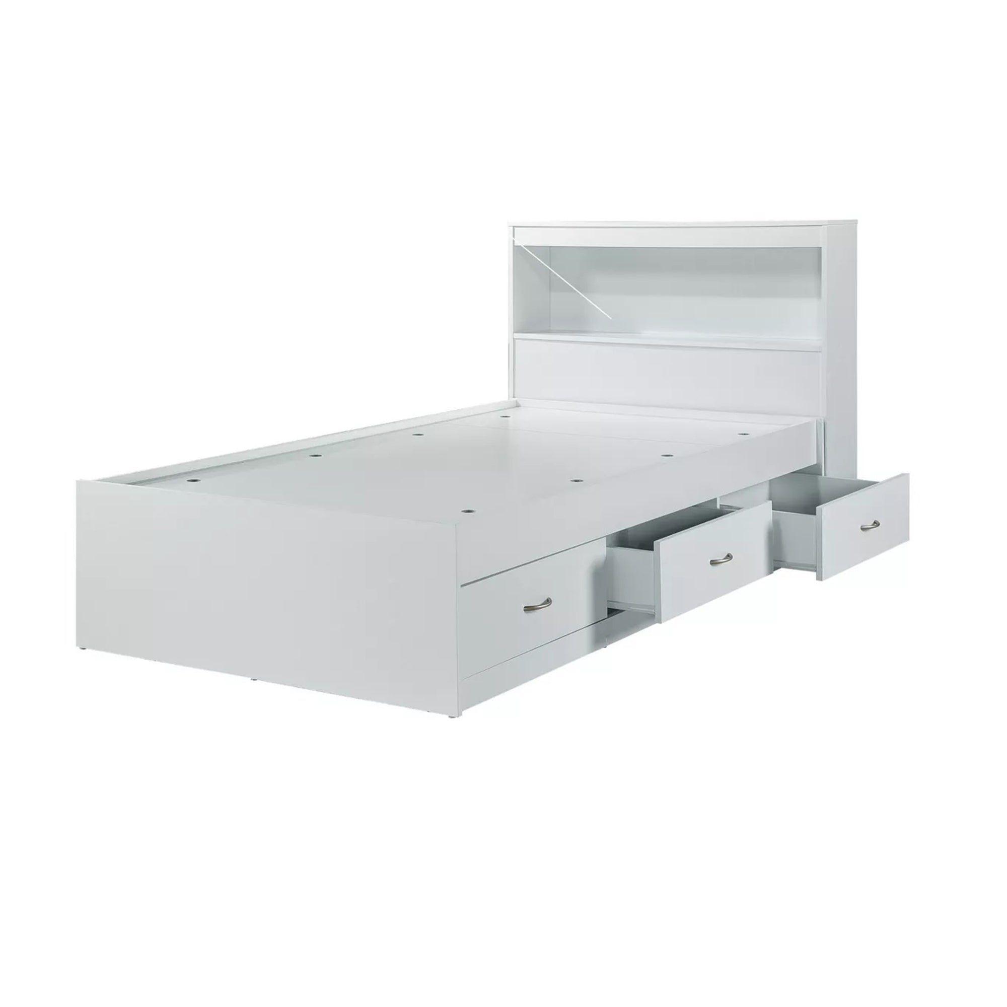Hodedah Captain Bed with 3 Storage Drawers and Bookcase Headboard, Twin, White