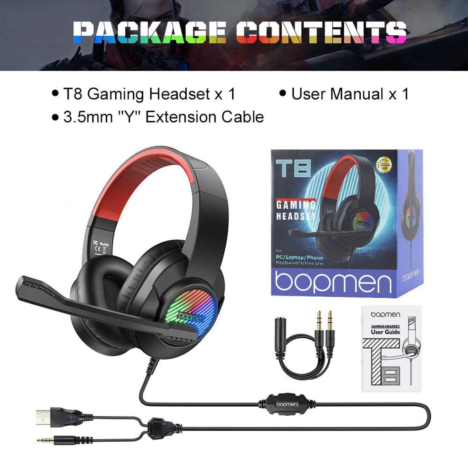 bopmen T8 USB Gaming Headset Wired Over Ear with RGB Lights (Open Box) - VMInnovations