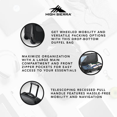 High Sierra 34 in Drop Bottom Wheeled Duffel Bag w/Handle, Mercury (Open Box) - VMInnovations