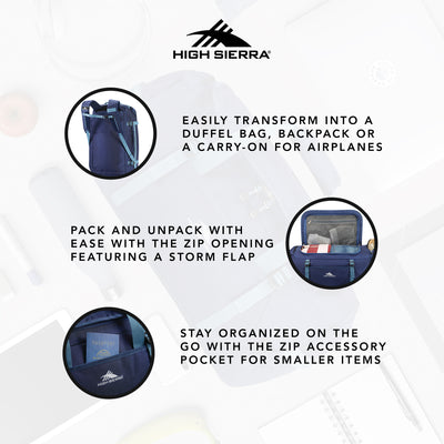 High Sierra Fairlead Zipper Closure Travel Duffel Backpack with Handle, Blue