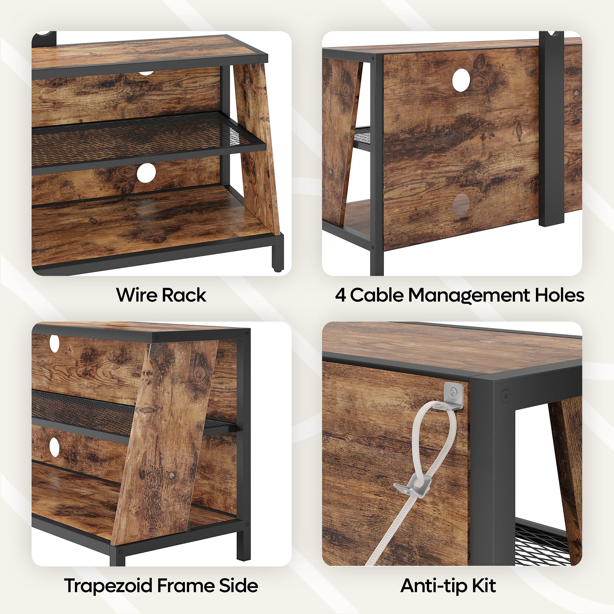 Bestier Trapezoid Frame TV Stand with Shelf and LED Lights, 45", Rustic Brown