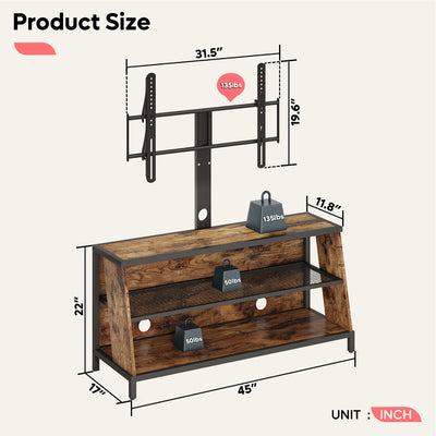 Bestier Trapezoid Frame TV Stand with Shelf and LED Lights, 45", Rustic Brown