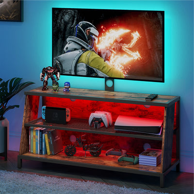 Bestier Trapezoid Frame TV Stand with Shelf and LED Lights, 45", Rustic Brown