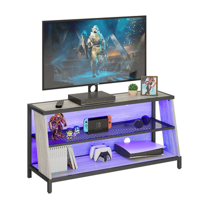Bestier Trapezoid Frame TV Stand with Shelf and LED Lights, 45 Inch, White Wash
