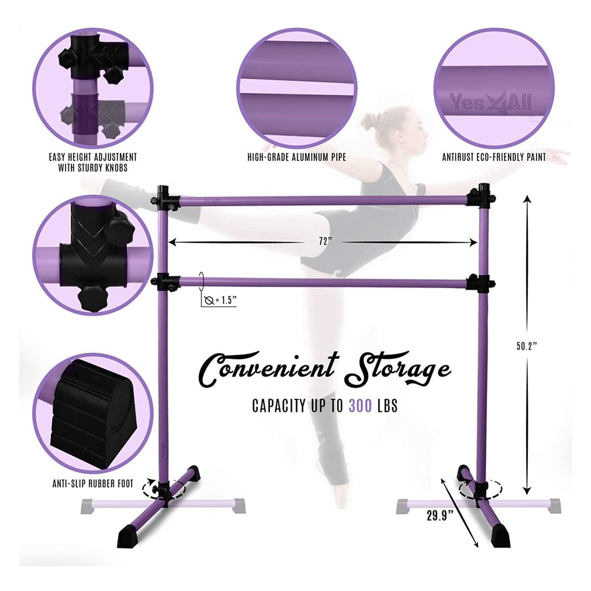 Yes4All 6' Portable Aluminum Freestanding Premium Ballet Barre, Auberine Purple