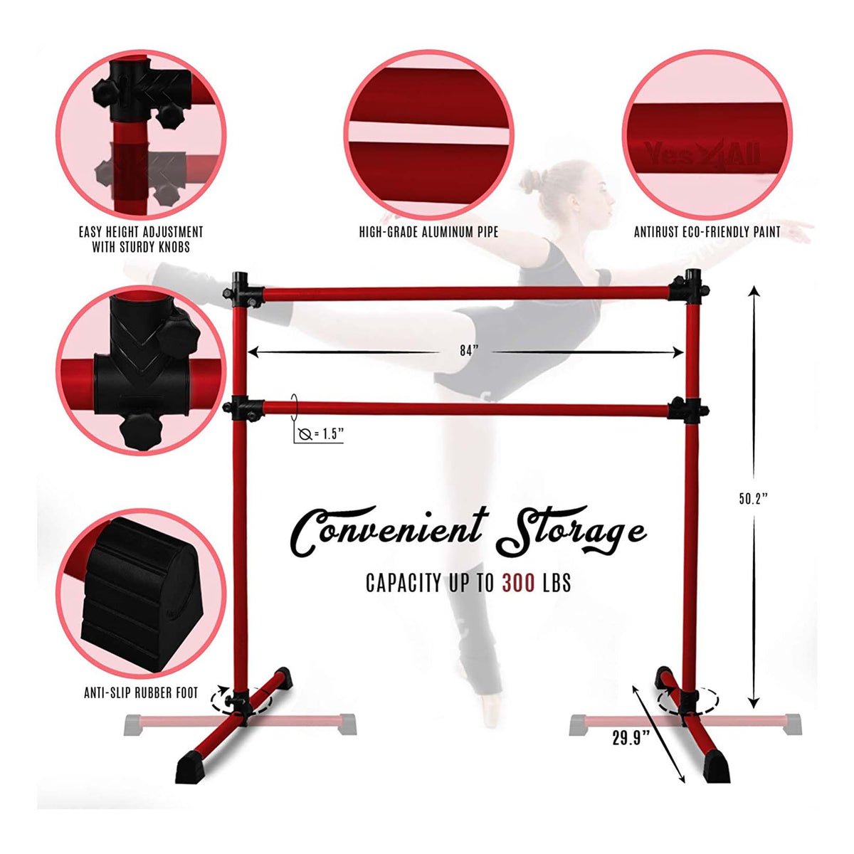 Yes4All 7 Foot Portable Aluminum Freestanding Premium Ballet Barre, Burgundy Red