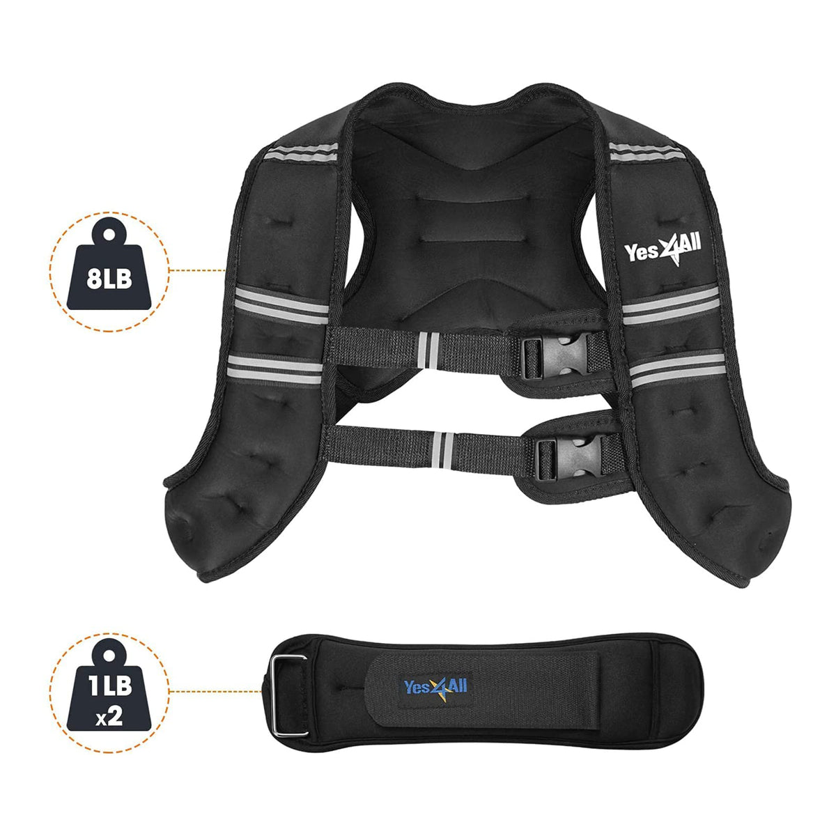 Yes4All Unisex 14 Pound Weighted Strength Training Vest w/Ankle Weights, Black