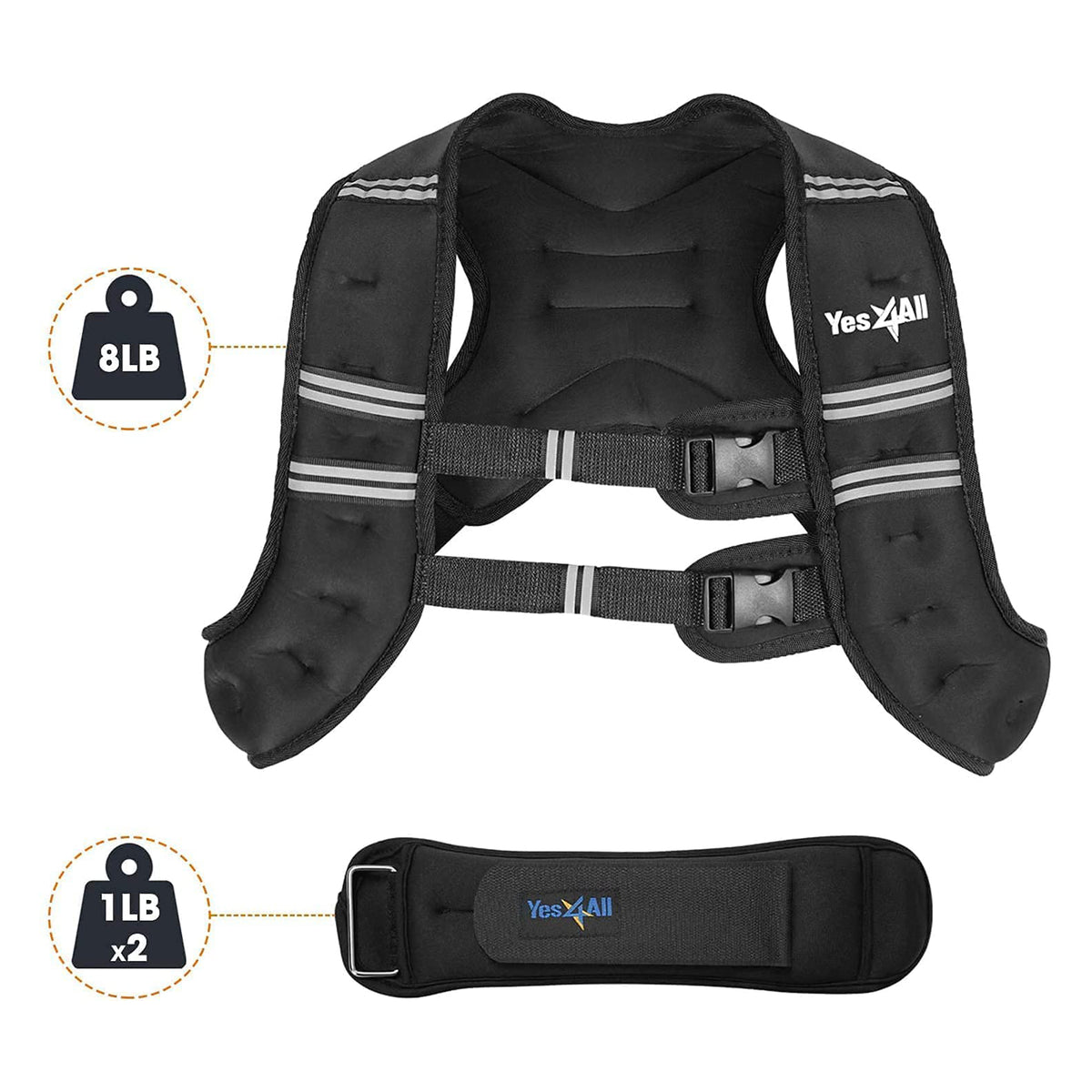 Yes4All Unisex 16 Pound Weighted Strength Training Vest w/Ankle Weights, Black