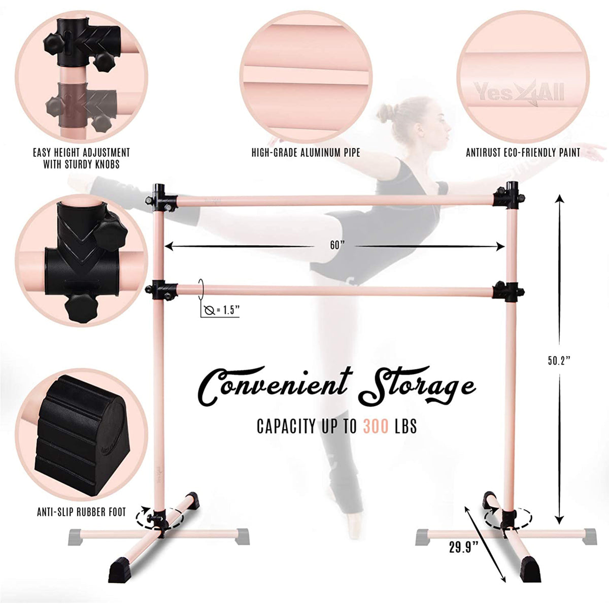 Yes4All 7 Foot Portable Aluminum Freestanding Premium Ballet Barre, Rose Gold