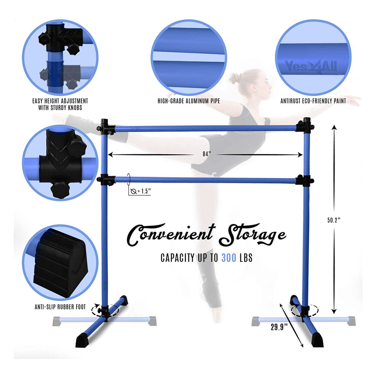 Yes4All 8 Foot Portable Aluminum Freestanding Premium Ballet Barre, Royal Blue