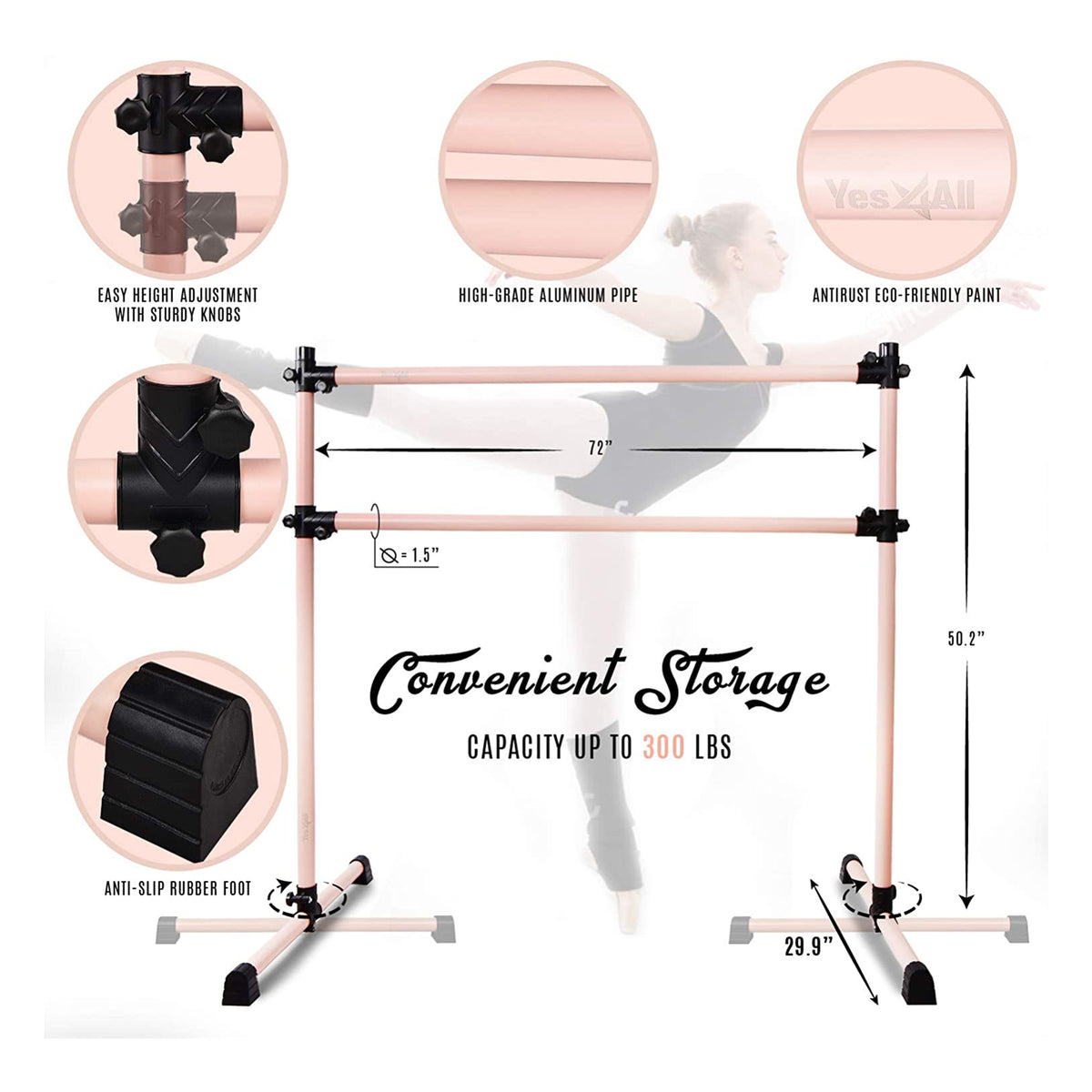 Yes4All 6 Foot Portable Aluminum Freestanding Premium Ballet Barre, Rose Gold