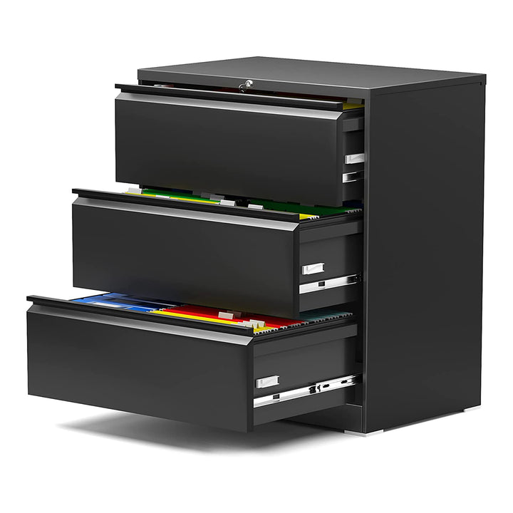 AOBABO 3 Drawer Lateral File Cabinet w/ Lock for Letter/Legal Paper, Black(Used) - VMInnovations