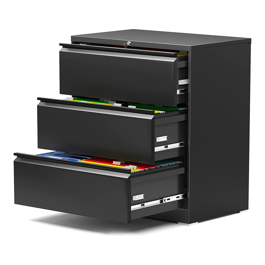 AOBABO 3 Drawer Lateral File Cabinet w/ Lock for Letter/Legal Paper, Black(Used) - VMInnovations