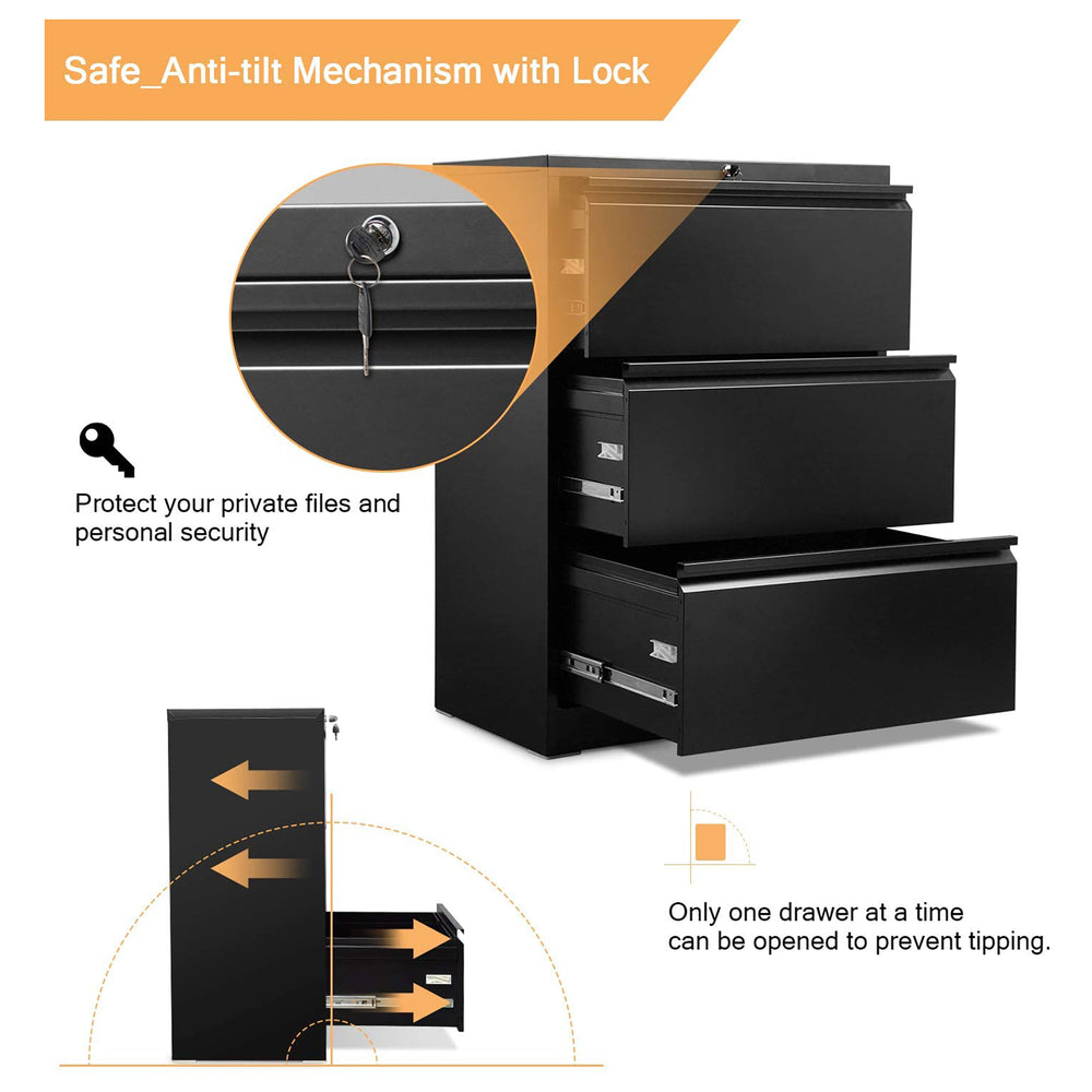 AOBABO 3 Drawer Lateral File Cabinet w/ Lock for Letter/Legal Paper, Black(Used) - VMInnovations