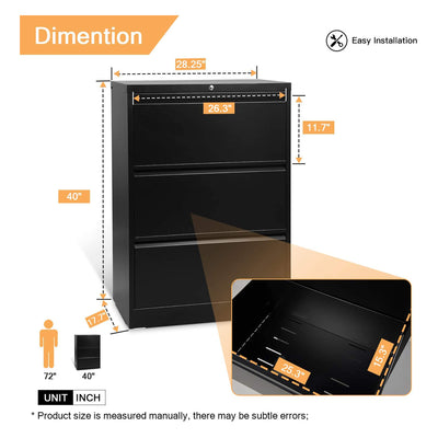 AOBABO 3 Drawer Lateral File Cabinet w/ Lock for Letter/Legal Paper, Black(Used) - VMInnovations