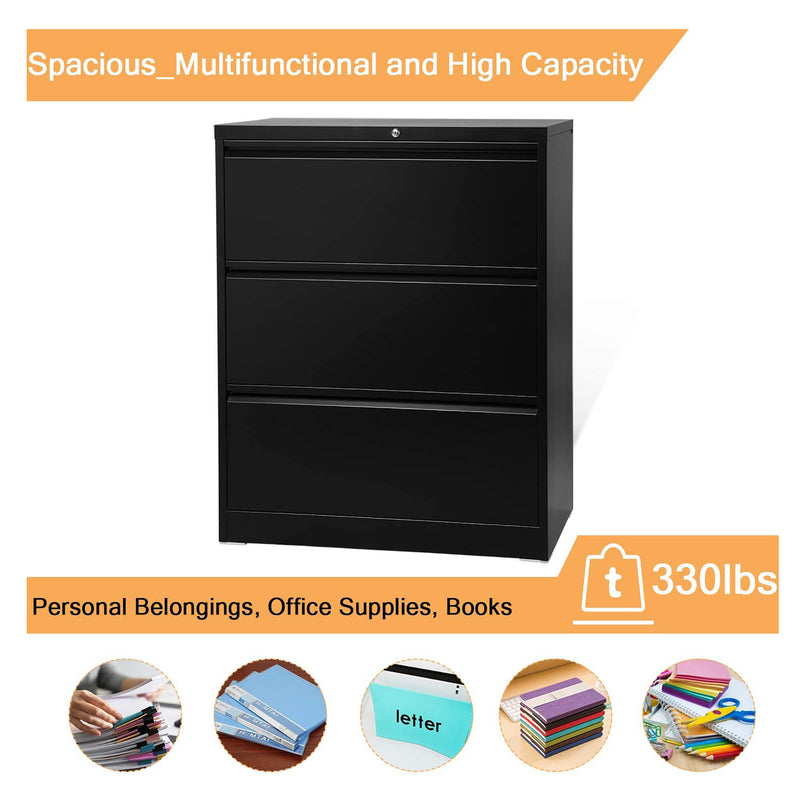 AOBABO 3 Drawer Lateral File Cabinet w/ Lock for Letter/Legal Paper, Black(Used)