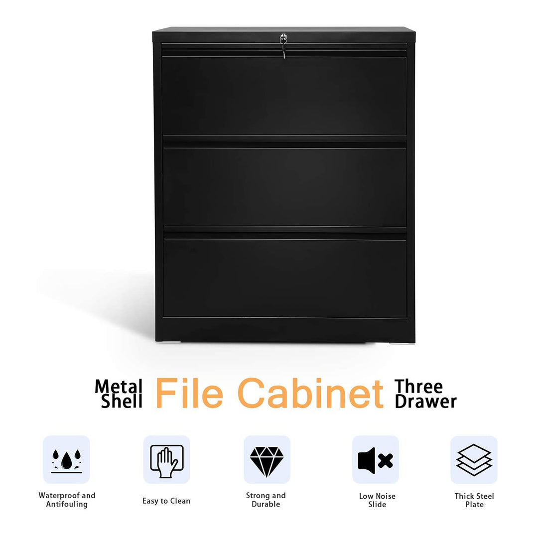 AOBABO 3 Drawer Lateral File Cabinet w/ Lock for Letter/Legal Paper, Black(Used)