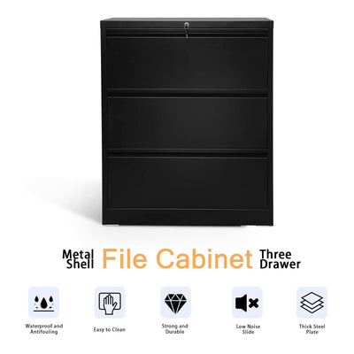AOBABO 3 Drawer Lateral File Cabinet w/ Lock for Letter/Legal Paper, Black(Used) - VMInnovations