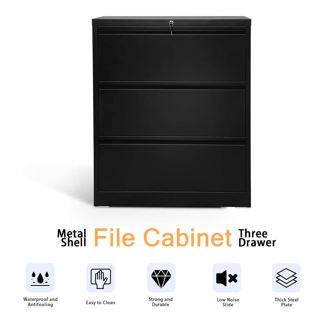 AOBABO 3 Drawer Lateral File Cabinet w/ Lock for Letter/Legal Paper, Black(Used) - VMInnovations