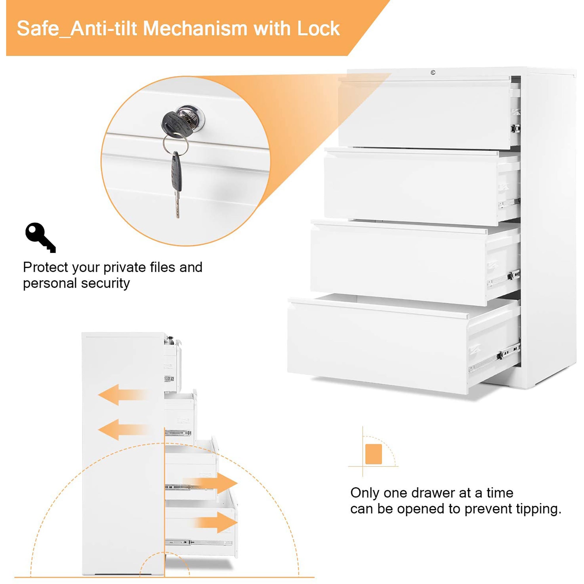 AOBABO 4 Drawer File Cabinet with Lock for Letter Sized Paper, White (Open Box) - VMInnovations