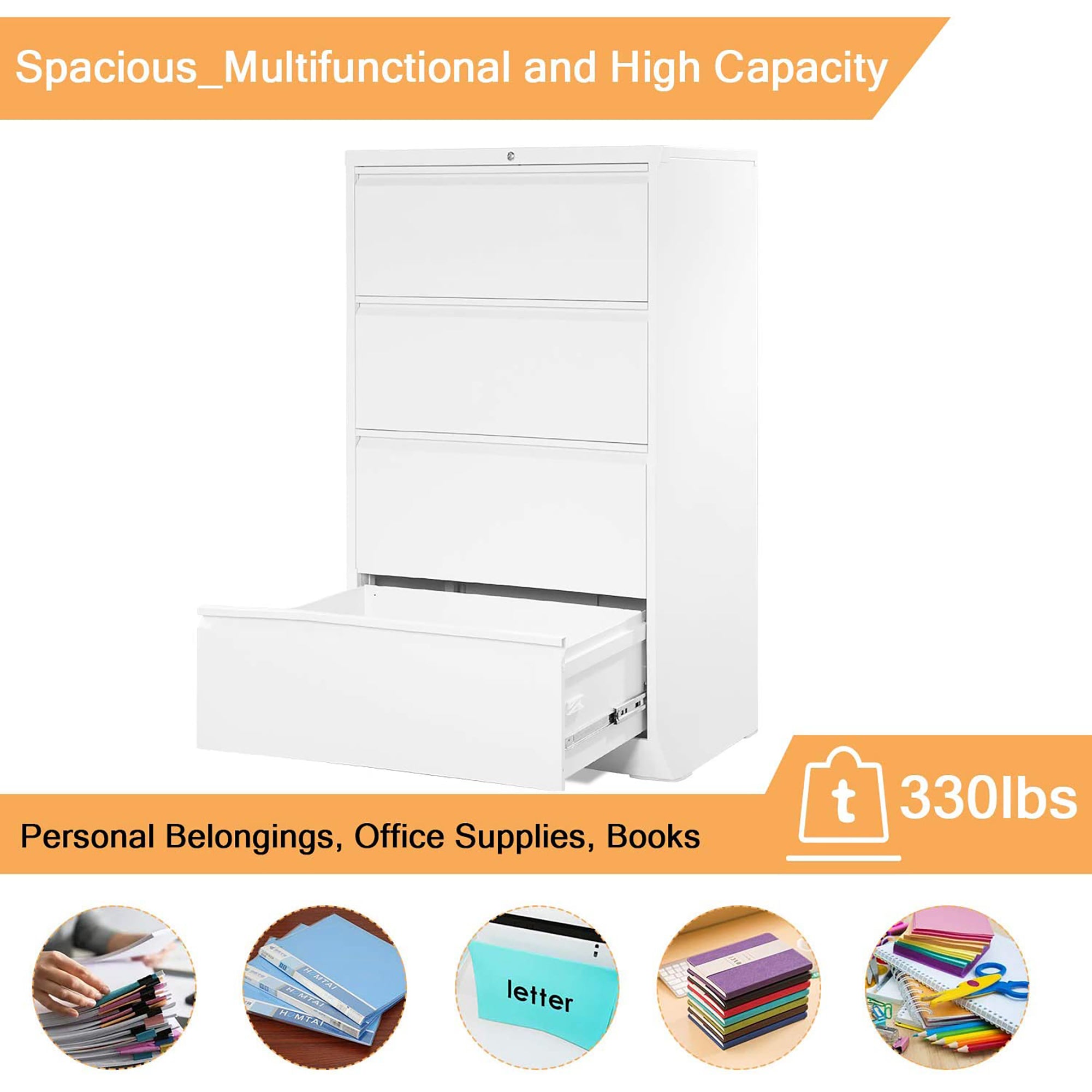 AOBABO 4 Drawer File Cabinet with Lock for Letter Sized Paper, White (Open Box) - VMInnovations