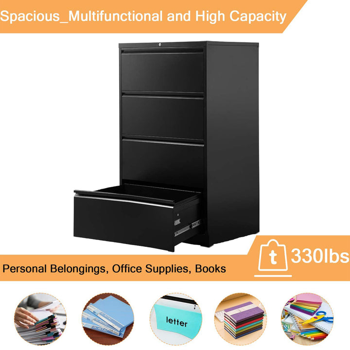 AOBABO 4 Drawer Lateral File Cabinet w/ Lock for Letter/Legal Paper, Black(Used)