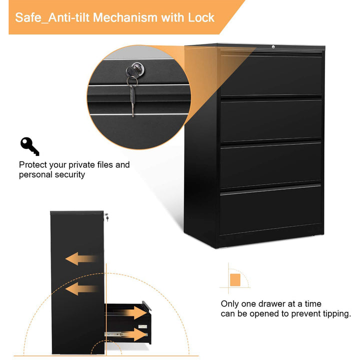 AOBABO 4 Drawer Lateral File Cabinet w/ Lock, Black (For Parts)