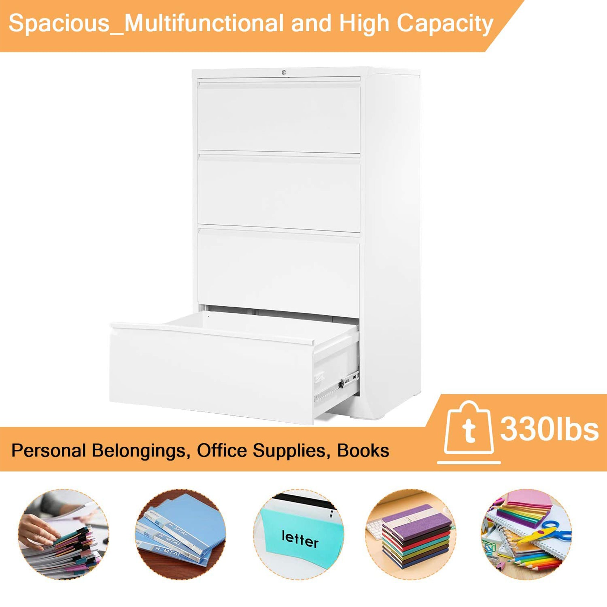 AOBABO 4 Drawer Lateral File Cabinet with Lock for Office and Home Use, White