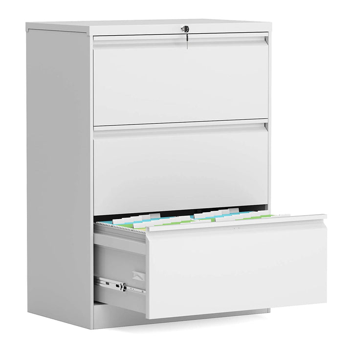 AOBABO 3 Drawer Lateral File Cabinet w/ Lock for Letter/Legal Size Paper, White