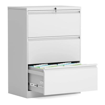 AOBABO 3 Drawer Lateral File Cabinet w/ Lock for Letter/Legal Size Paper, White (Used)