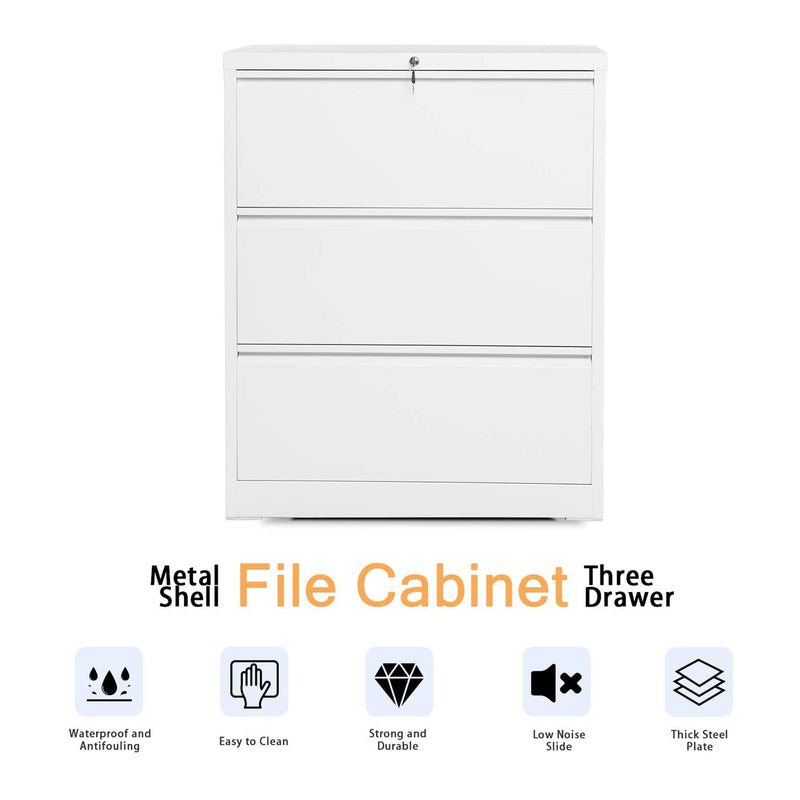 AOBABO 3 Drawer Lateral File Cabinet w/ Lock for Letter/Legal Size Paper, White
