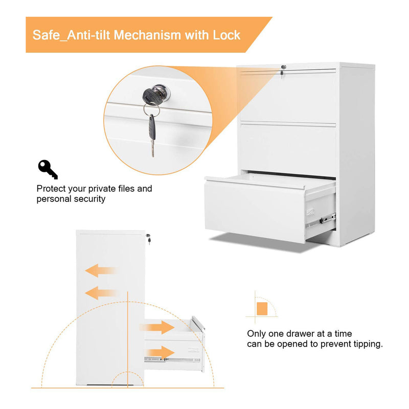 AOBABO 3 Drawer Lateral File Cabinet w/ Lock for Letter/Legal Size Paper, White (Used)