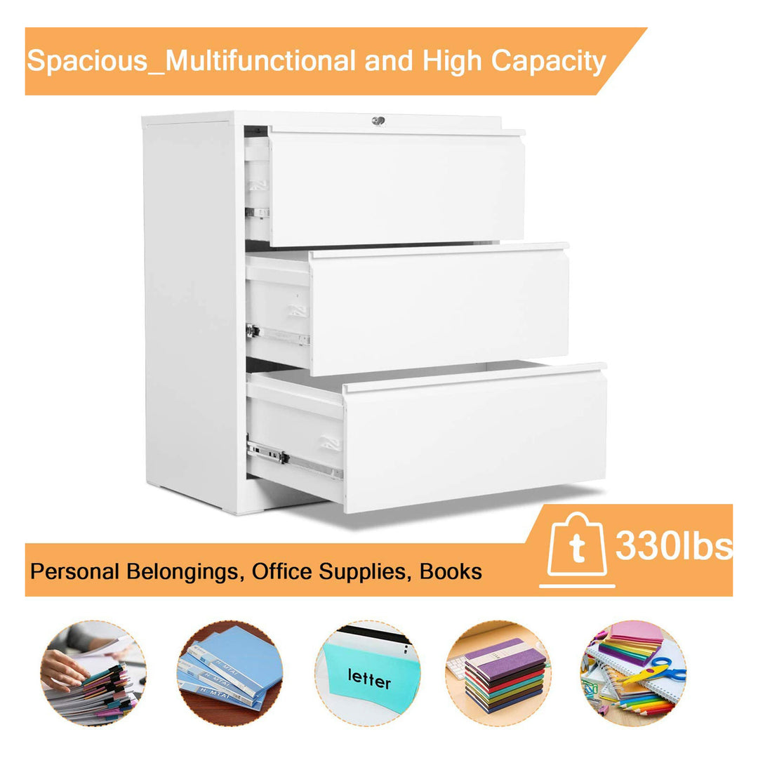 AOBABO 3 Drawer Lateral File Cabinet w/ Lock for Letter/Legal Size Paper, White (Used) - VMInnovations