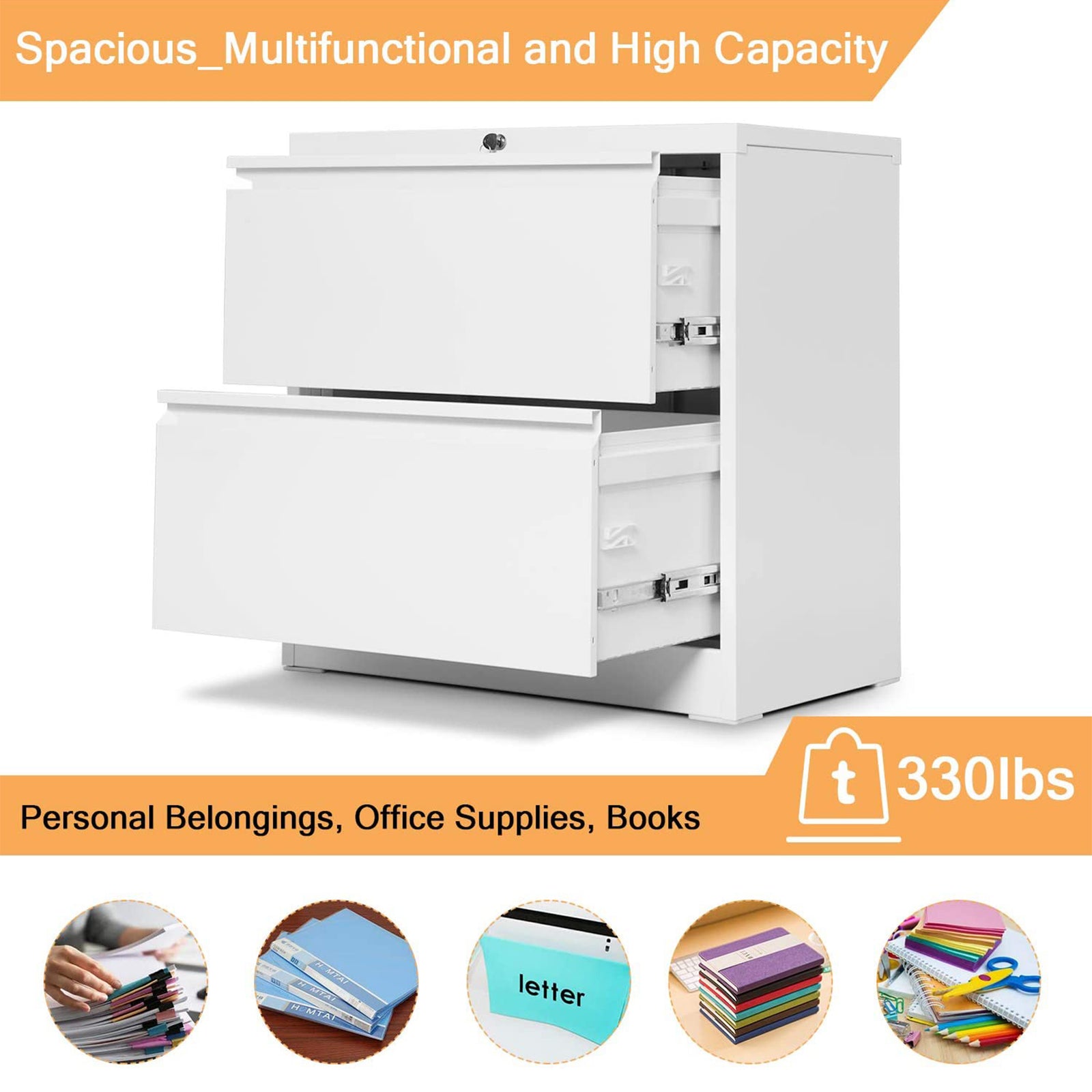 AOBABO 28 Inch Locking 2 Drawer Metal Office Storage Filing Cabinet, White - VMInnovations