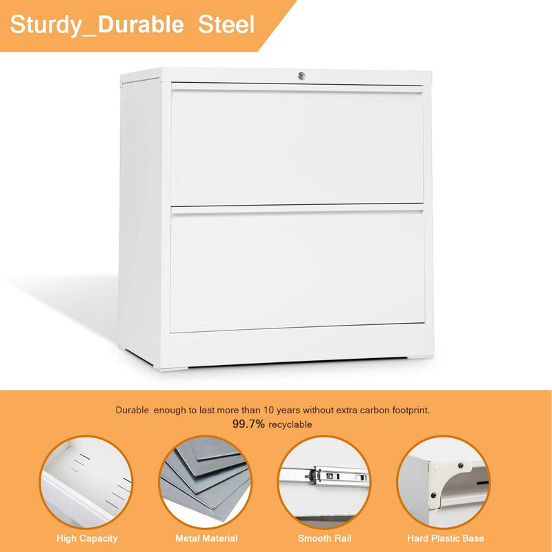 AOBABO 28 Inch Locking 2 Drawer Metal Office Storage Filing Cabinet, White