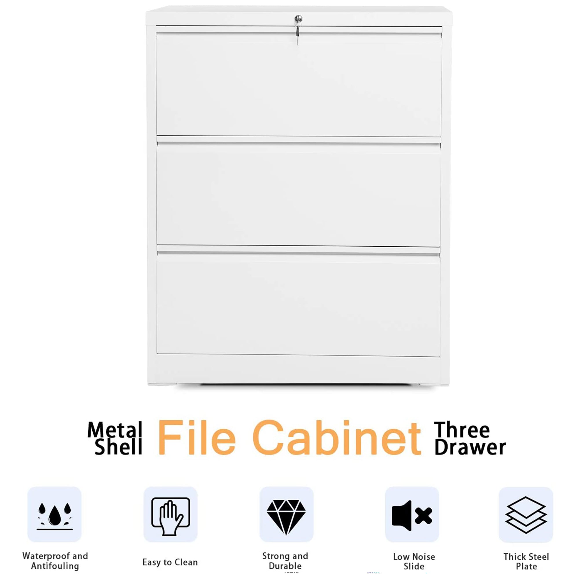 AOBABO 3 Drawer Lateral File Cabinet with Lock for Letter Sized Paper, White - VMInnovations