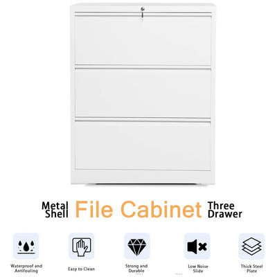 AOBABO 3 Drawer Lateral File Cabinet with Lock for Letter Sized Paper, White - VMInnovations